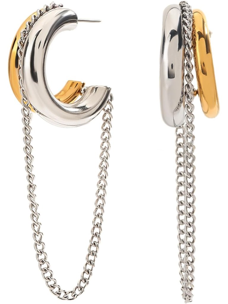 Gold And Silver Tassel Chain Hoop Earrings For Women Trendy Two Tone Dangling Ch